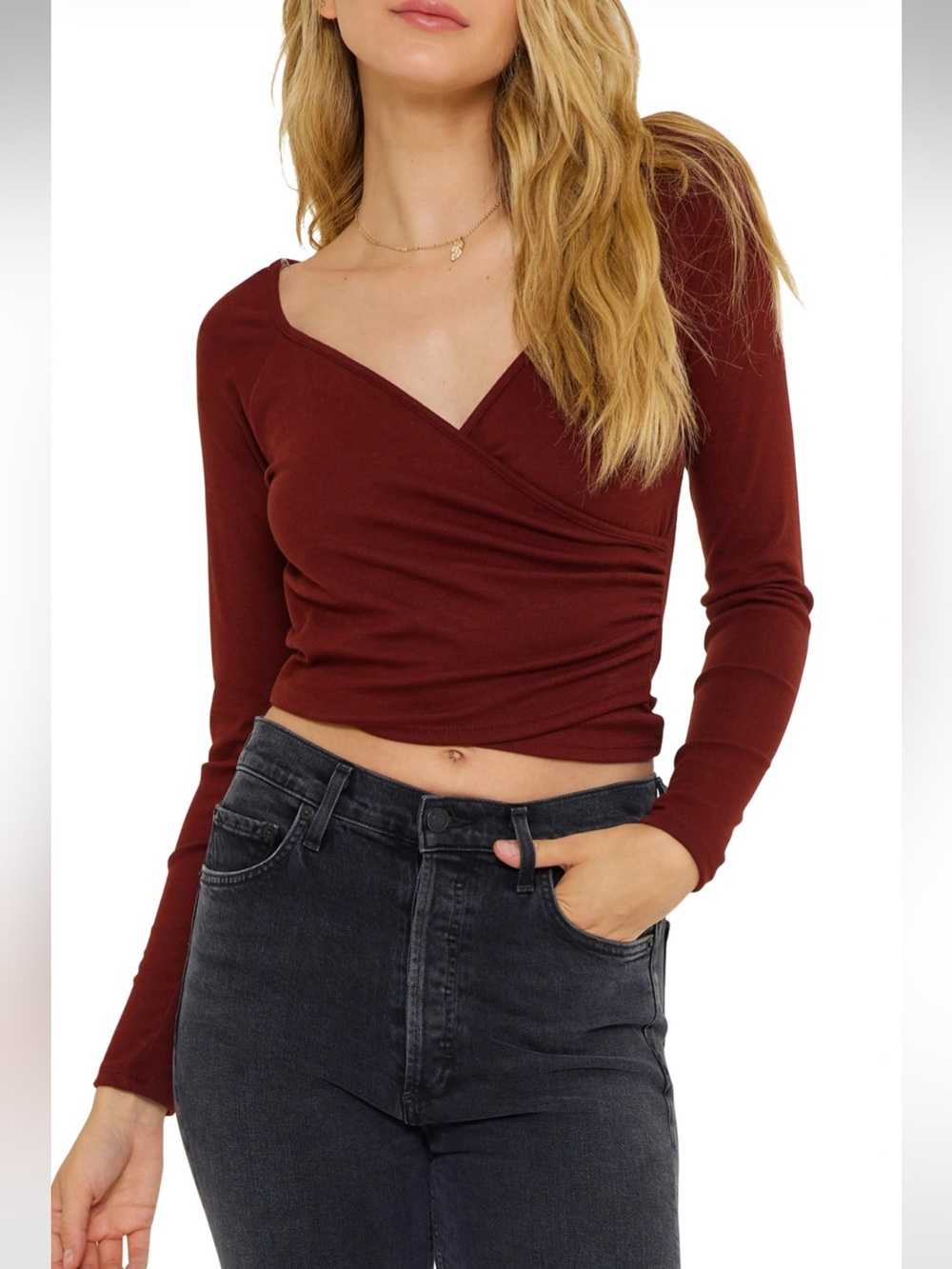 Lush Rust Wrap-Style Long Sleeve Top